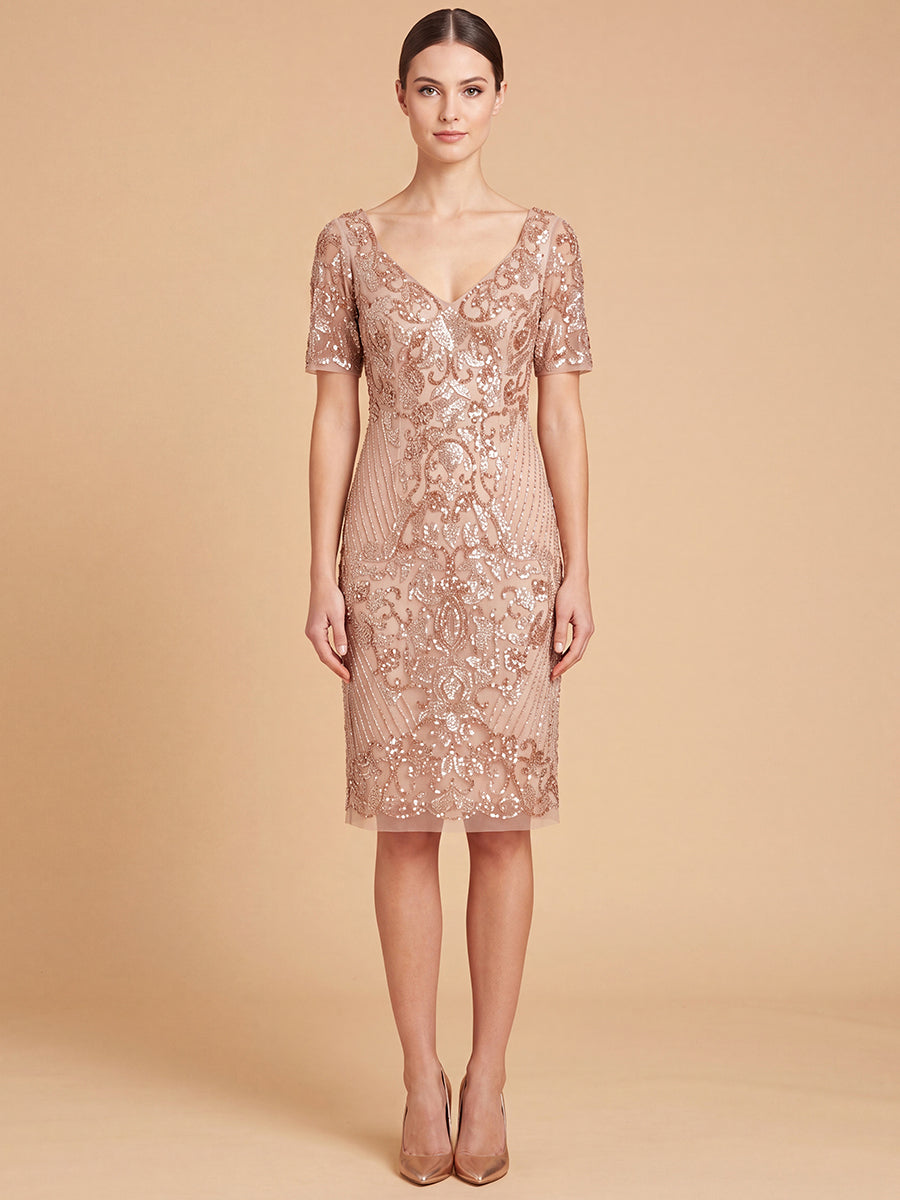 Lara 28846 Embellished Midi Dress with Short Sleeves