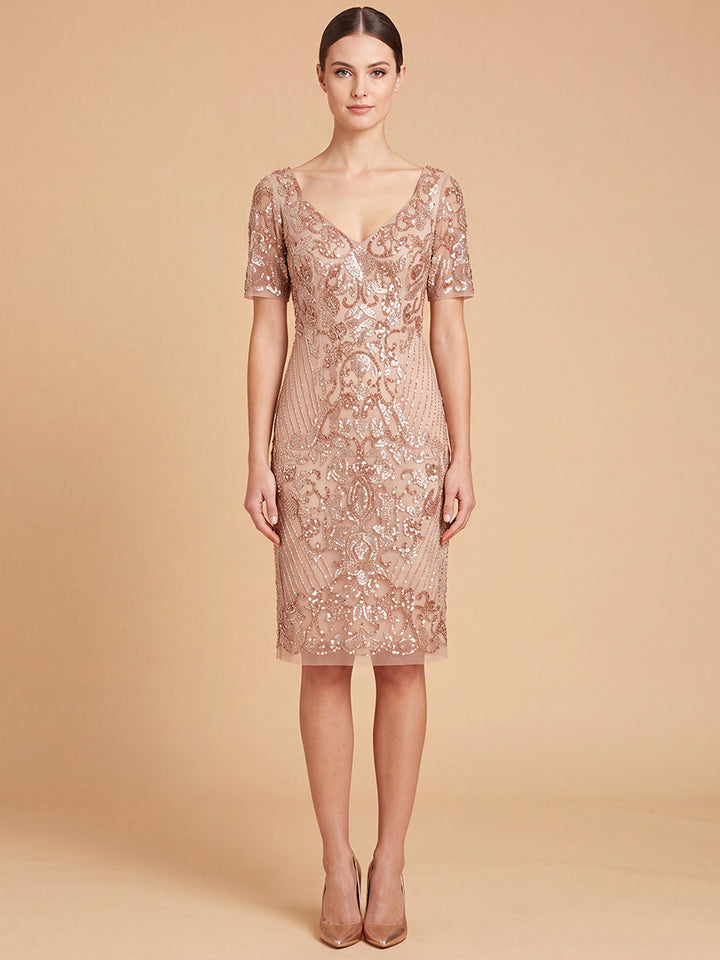 Lara 28846 Embellished Midi Dress with Short Sleeves