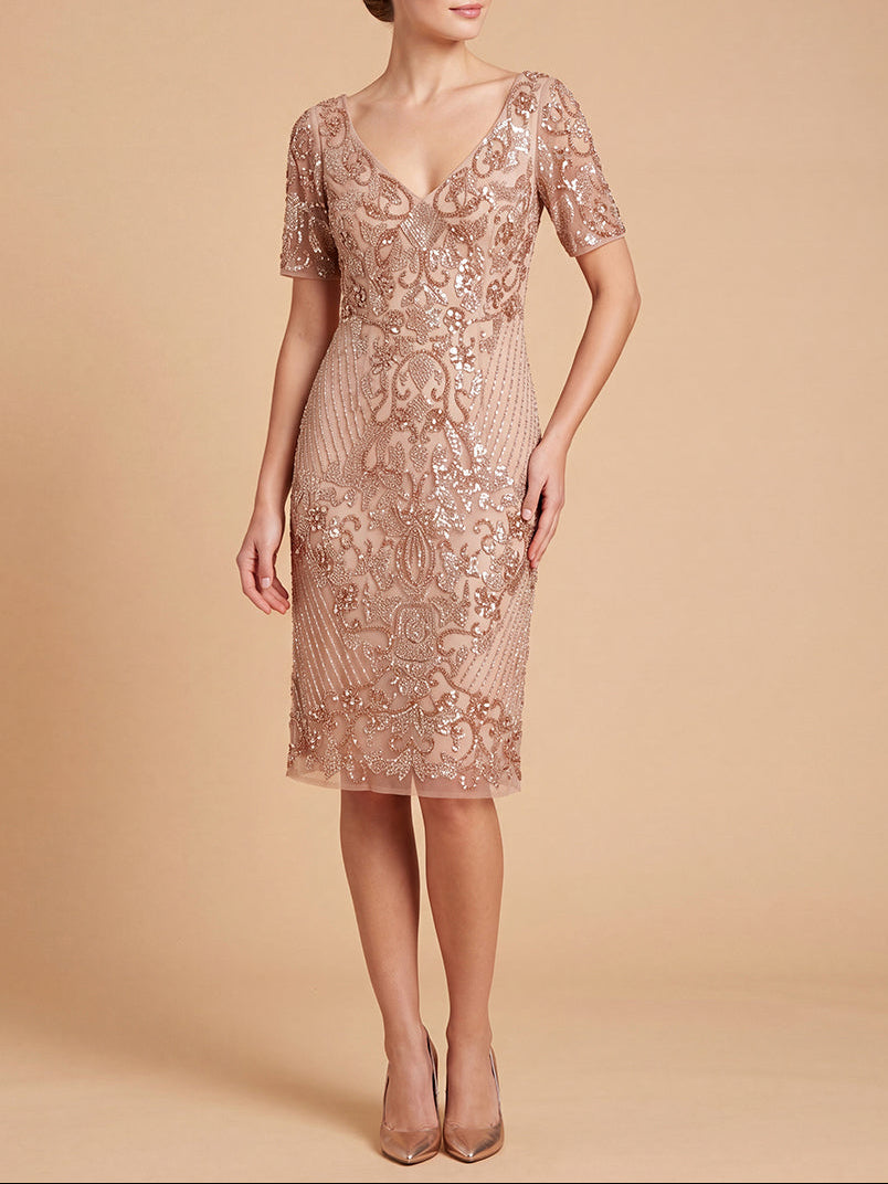 Lara 28846 Embellished Midi Dress with Short Sleeves