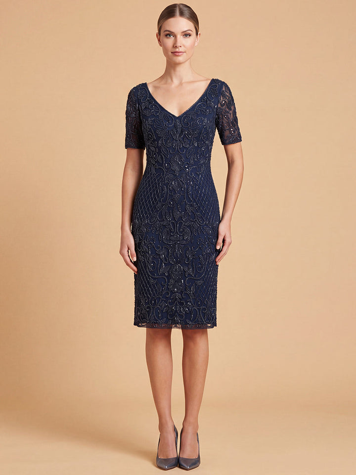 Lara 28846 Embellished Midi Dress with Short Sleeves