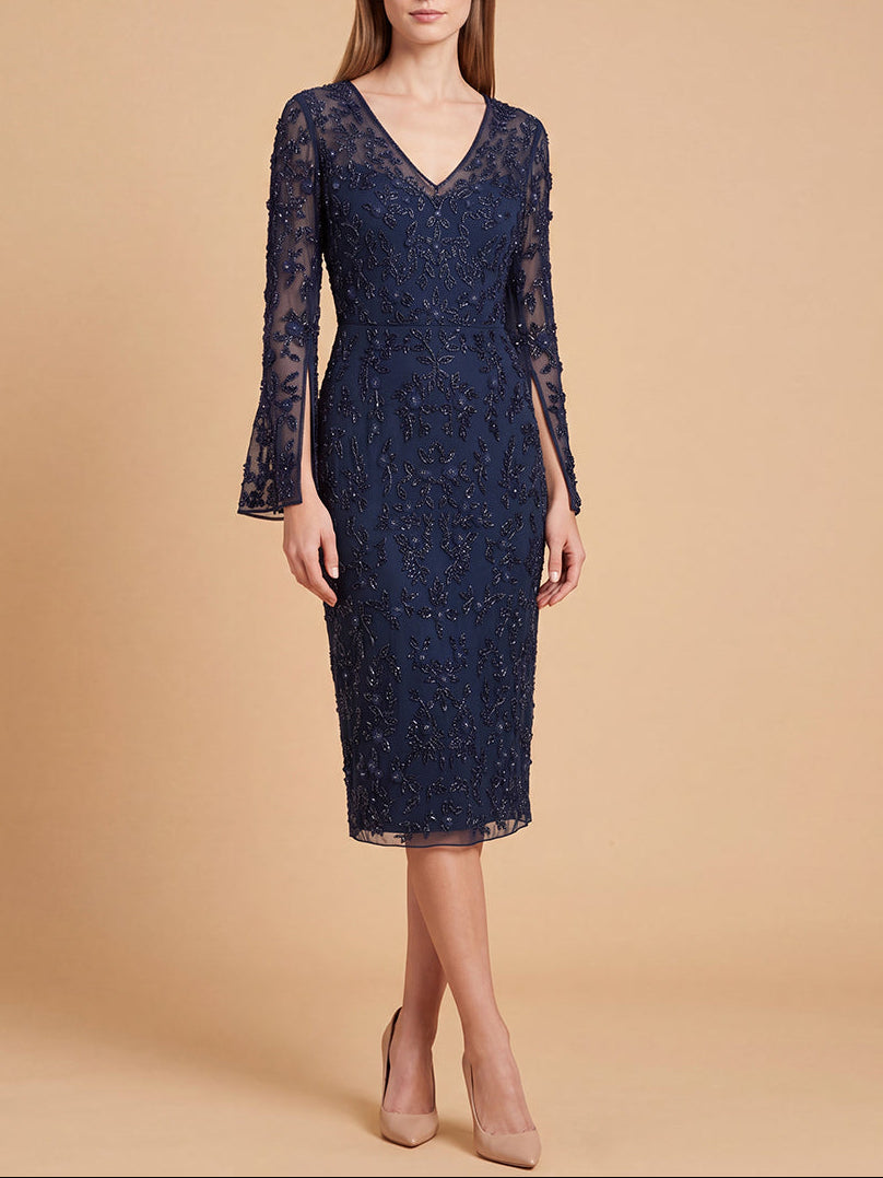 Lara 28847 3D Floral Embellished Midi Dress with Cape Sleeves