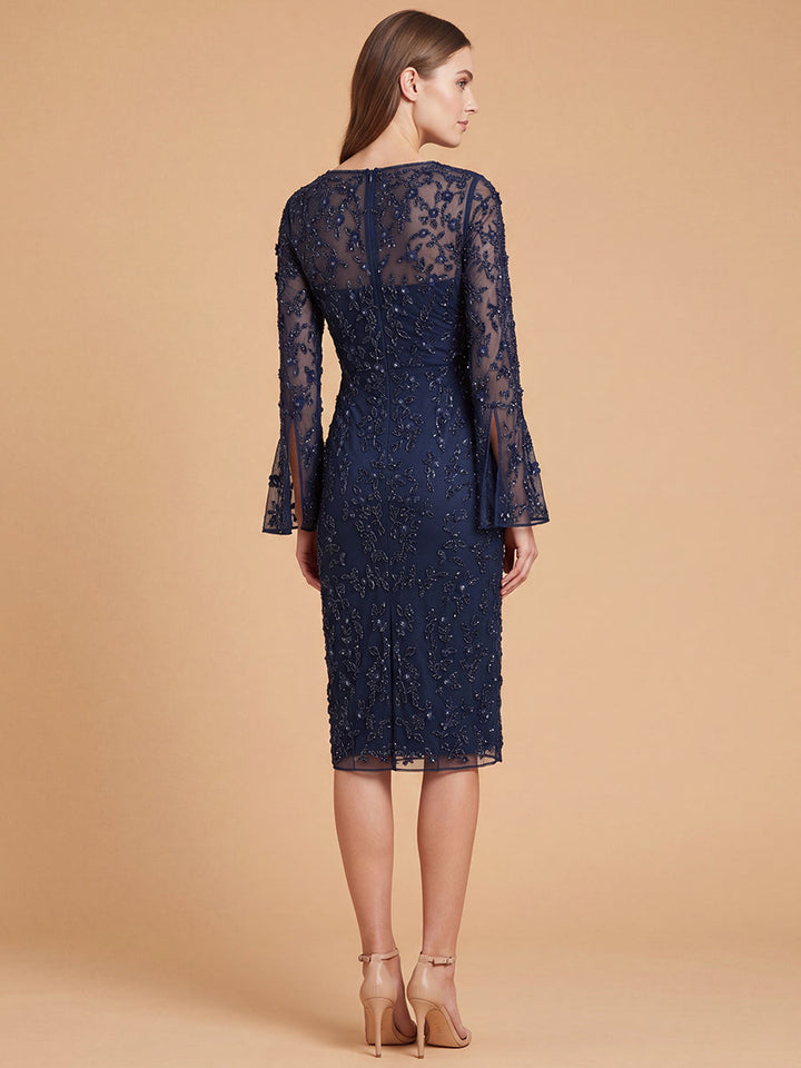 Lara 28847 3D Floral Embellished Midi Dress with Cape Sleeves