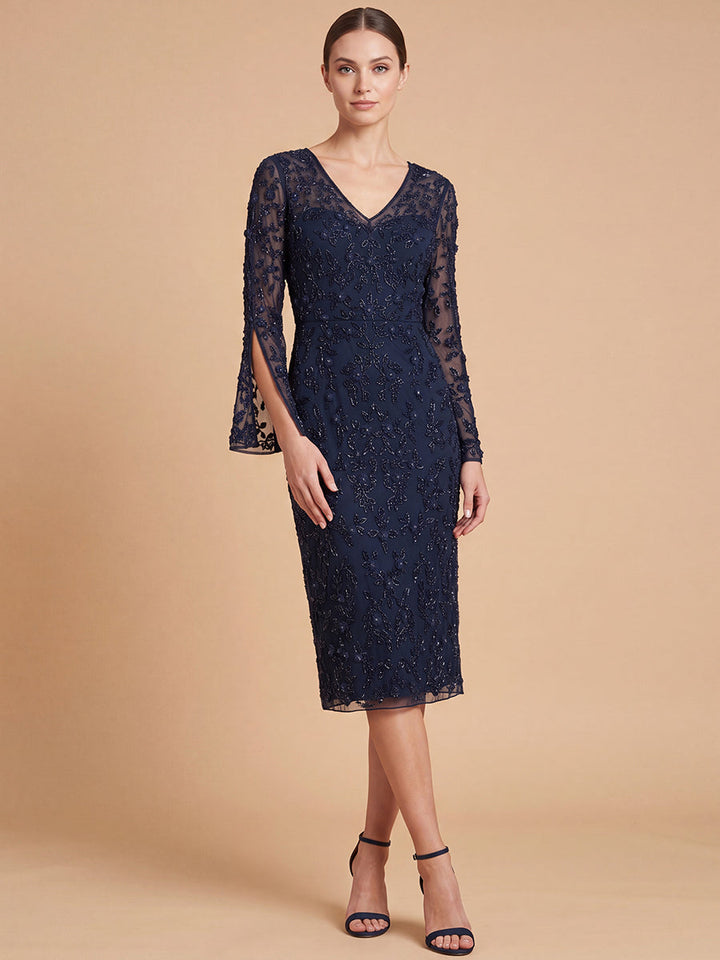 Lara 28847 3D Floral Embellished Midi Dress with Cape Sleeves