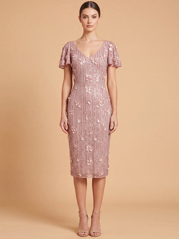 Lara 28851 3D Floral Embellished Midi Dress with Cape Sleeves