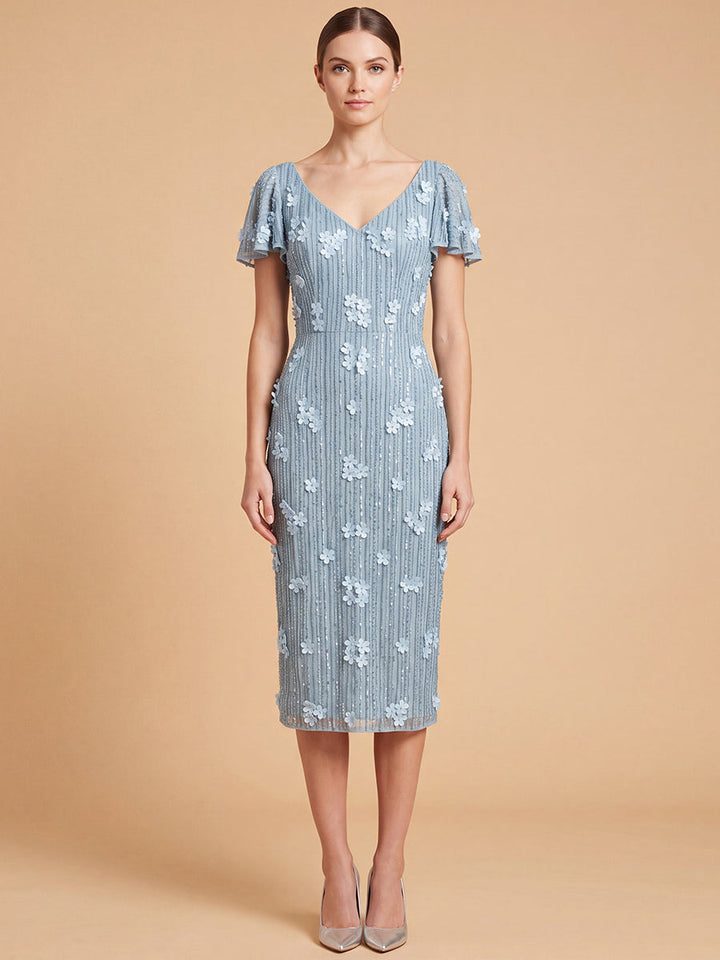 Lara 28851 3D Floral Embellished Midi Dress with Cape Sleeves