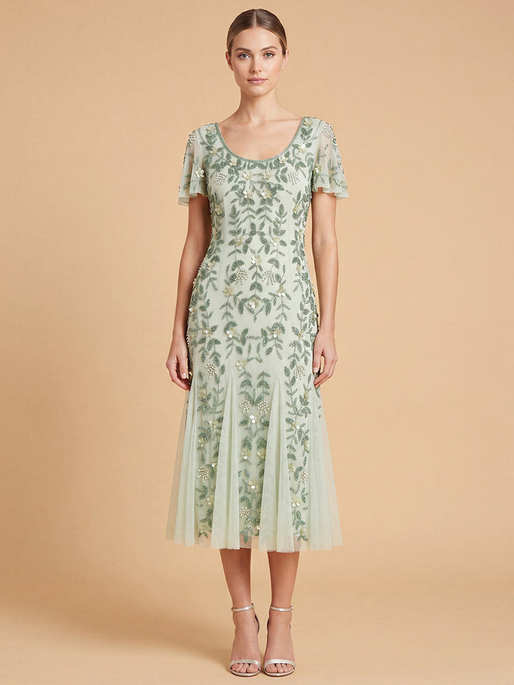 Lara 28853 3D Floral Embellished Midi Dress with Cape Sleeves