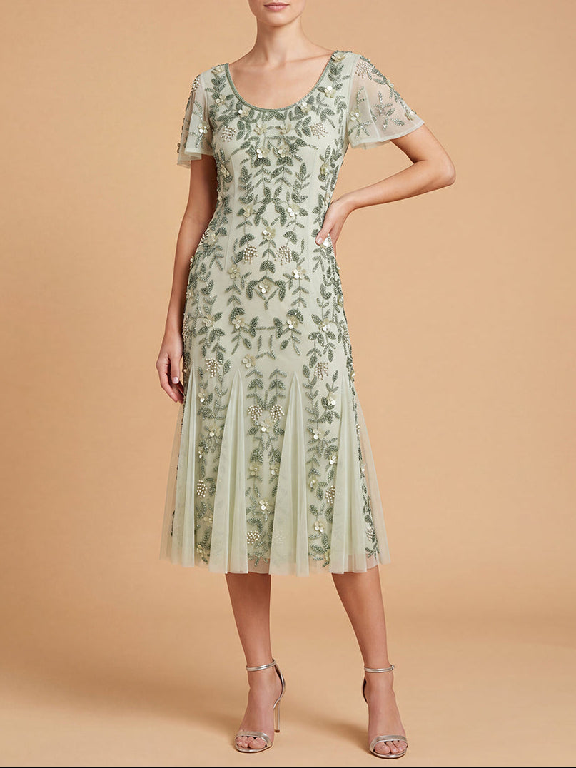 Lara 28853 3D Floral Embellished Midi Dress with Cape Sleeves