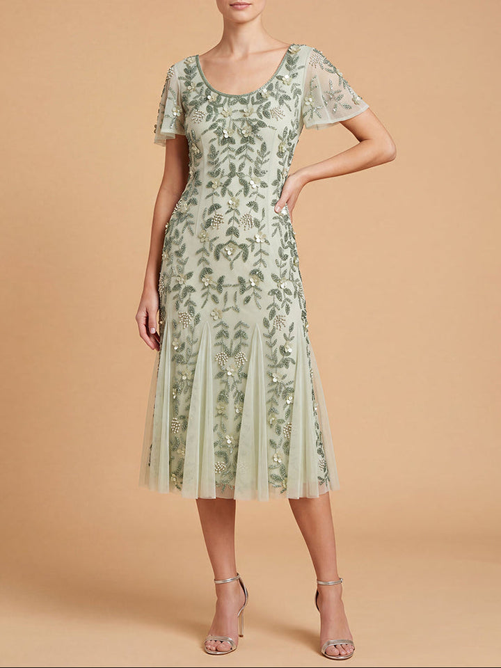 Lara 28853 3D Floral Embellished Midi Dress with Cape Sleeves