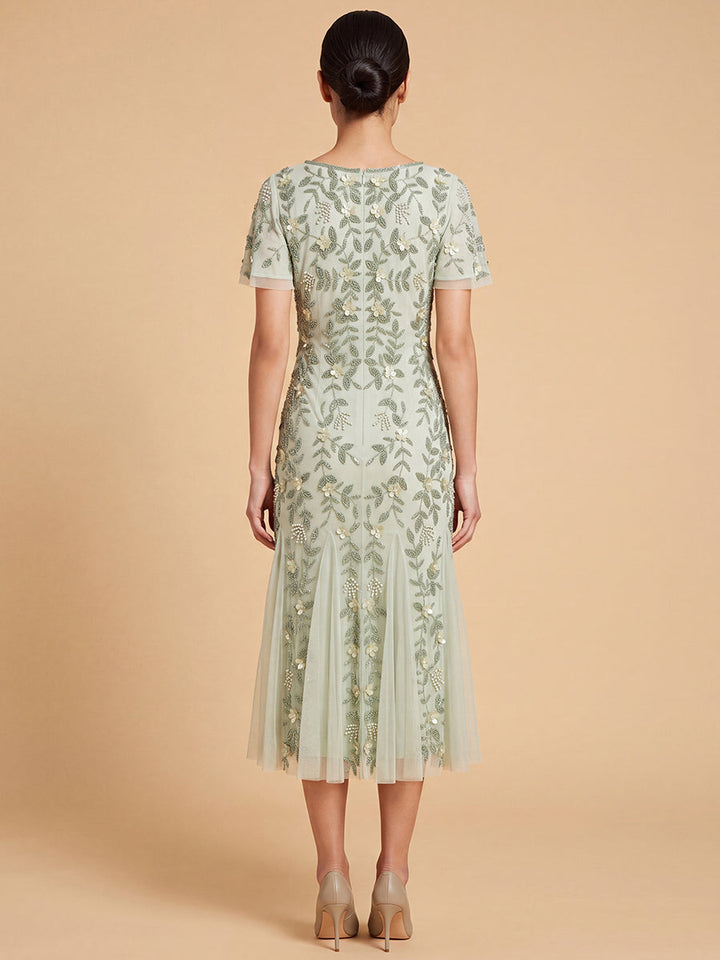 Lara 28853 3D Floral Embellished Midi Dress with Cape Sleeves