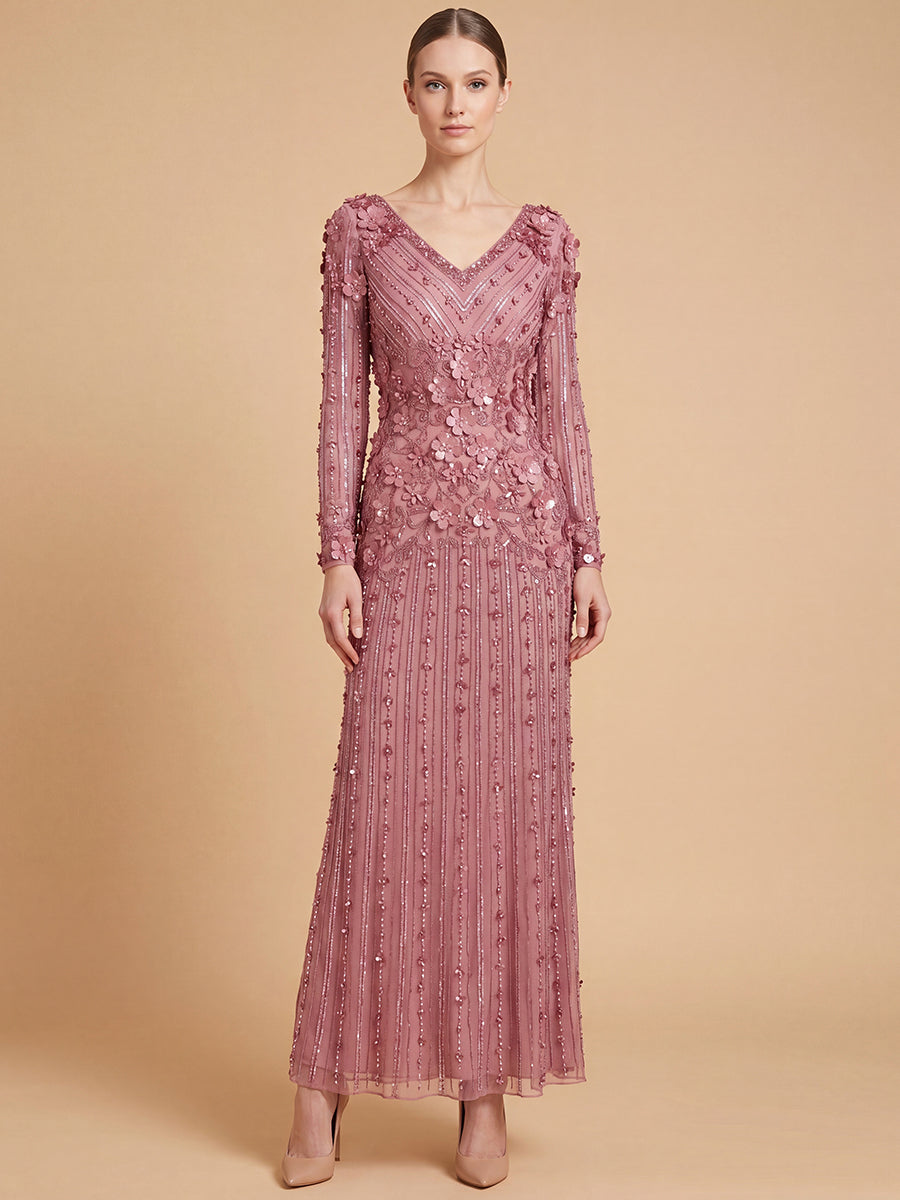 Lara 28854 3D Floral Embellished Long Sleeve Gown
