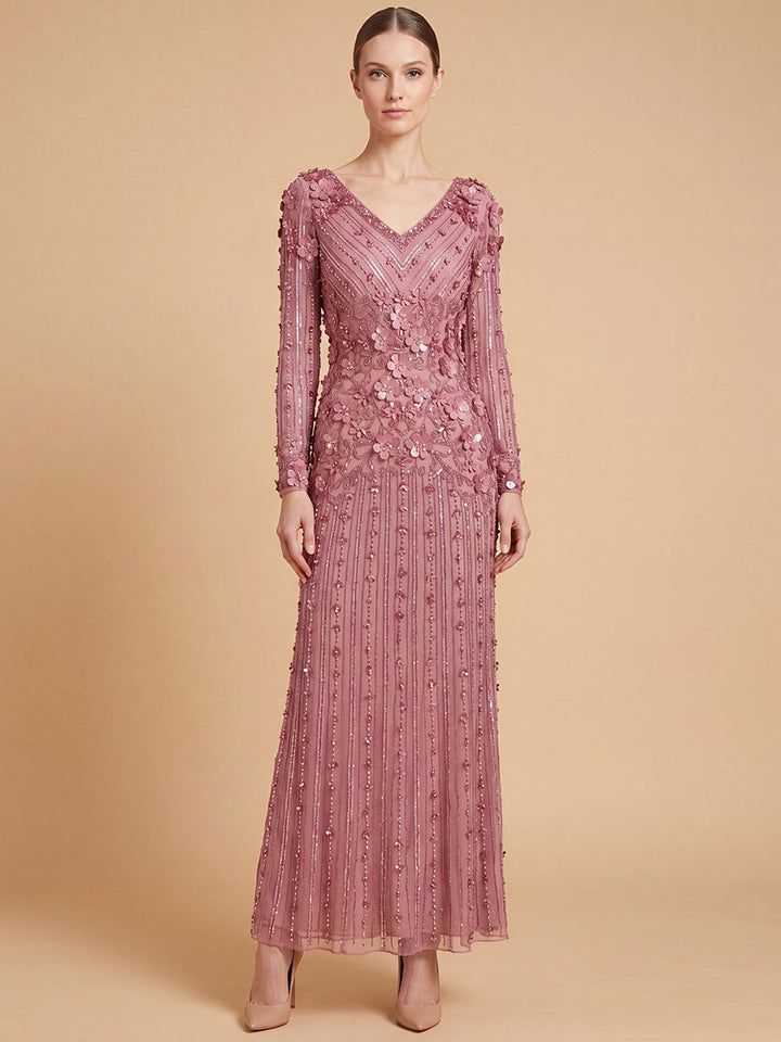 Lara 28854 3D Floral Embellished Long Sleeve Gown