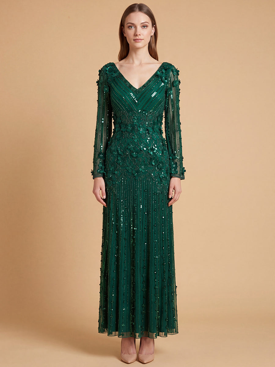 Lara 28854 3D Floral Embellished Long Sleeve Gown