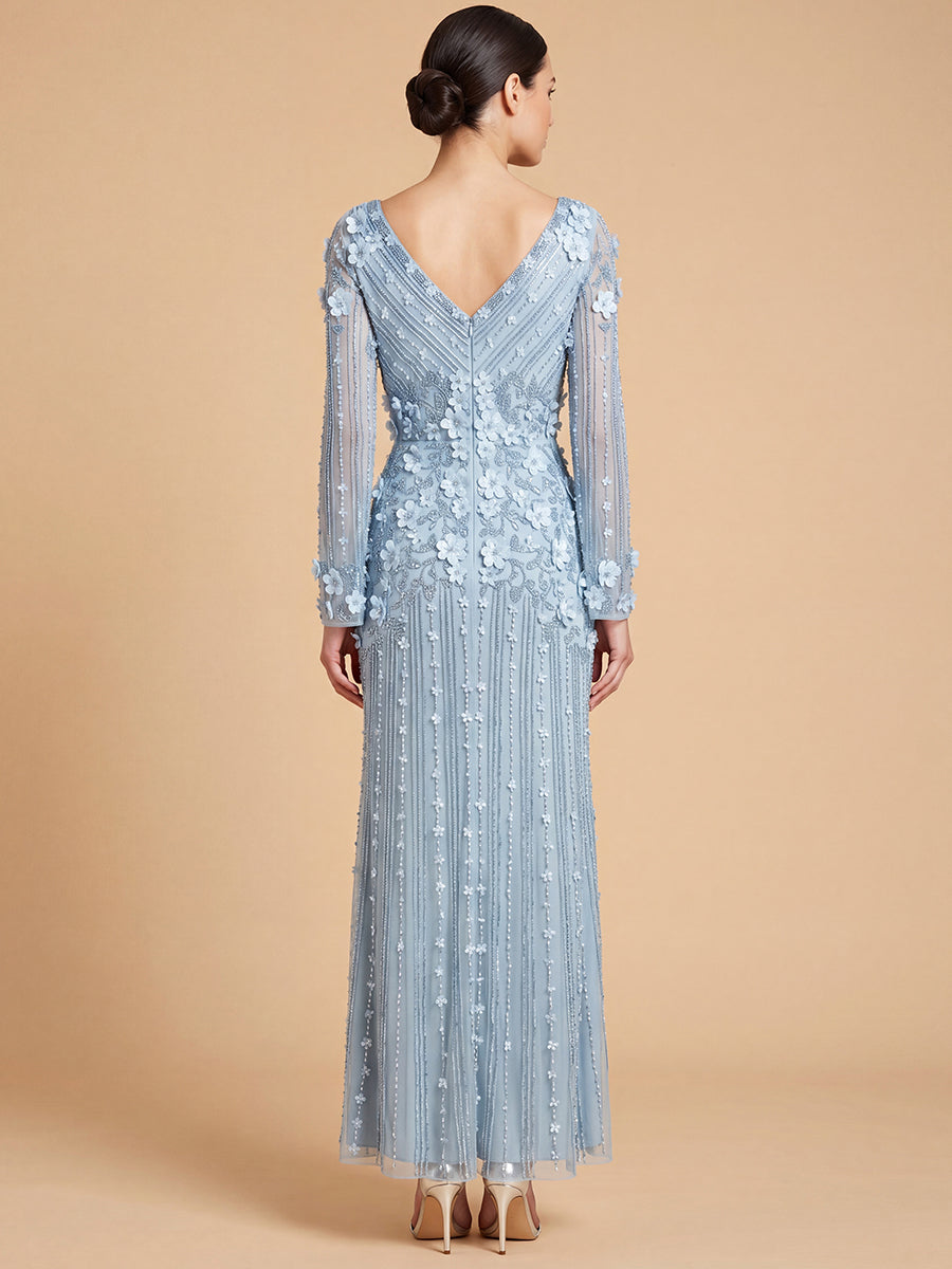 Lara 28854 3D Floral Embellished Long Sleeve Gown