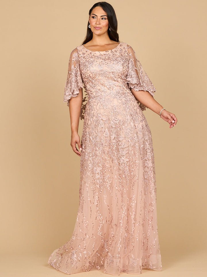 Lara 28881 Sweetheart Three-Quarter Cap Sleeves Illusion Couture Dress