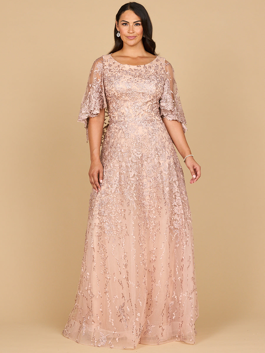 Lara 28881 Sweetheart Three-Quarter Cap Sleeves Illusion Couture Dress