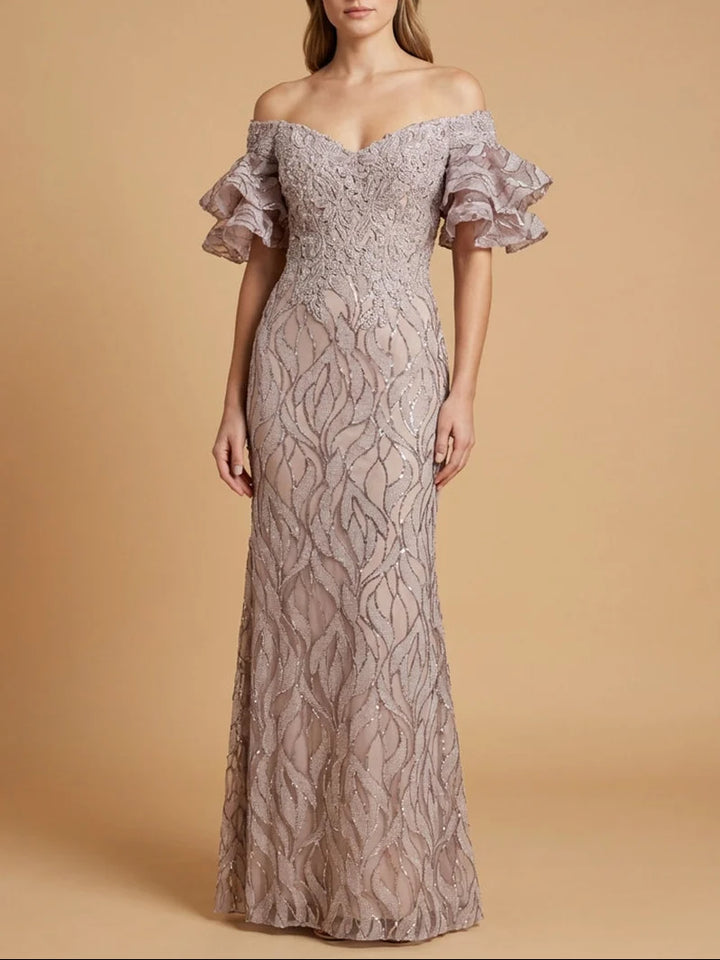 Lara 29190 Off-Shoulder V-Neck Tiered Sleeve Beaded Dress