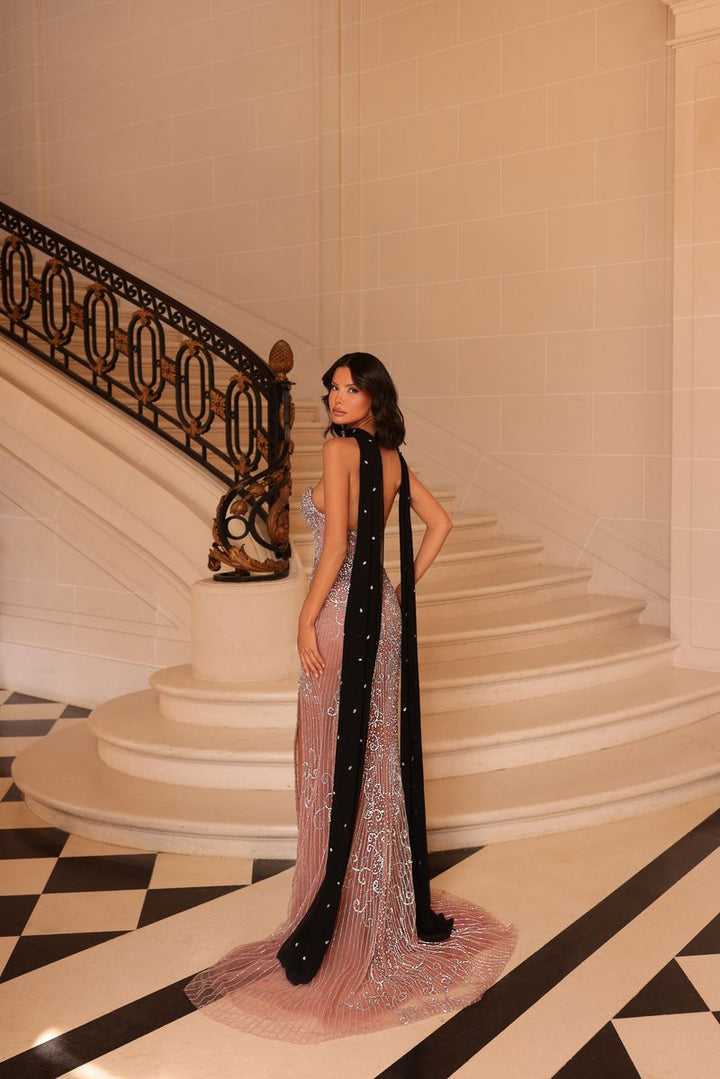 Chic & Holland AR330623 Bow Choker Scarf Slit Beaded Prom 2026 Dress