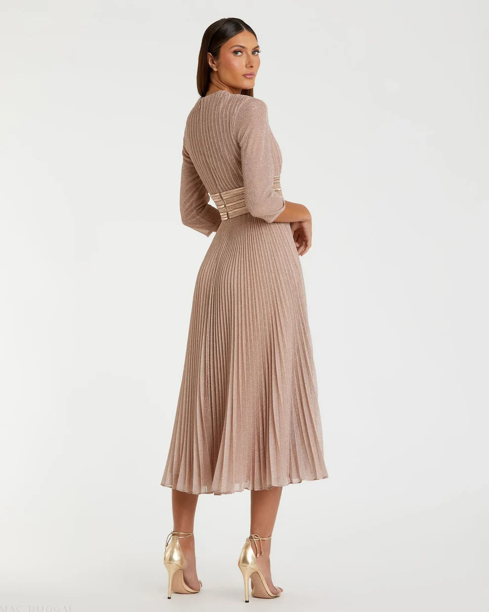 Mac Duggal 30750 Shimmering 3/4 Sleeve A-Line Midi Dress