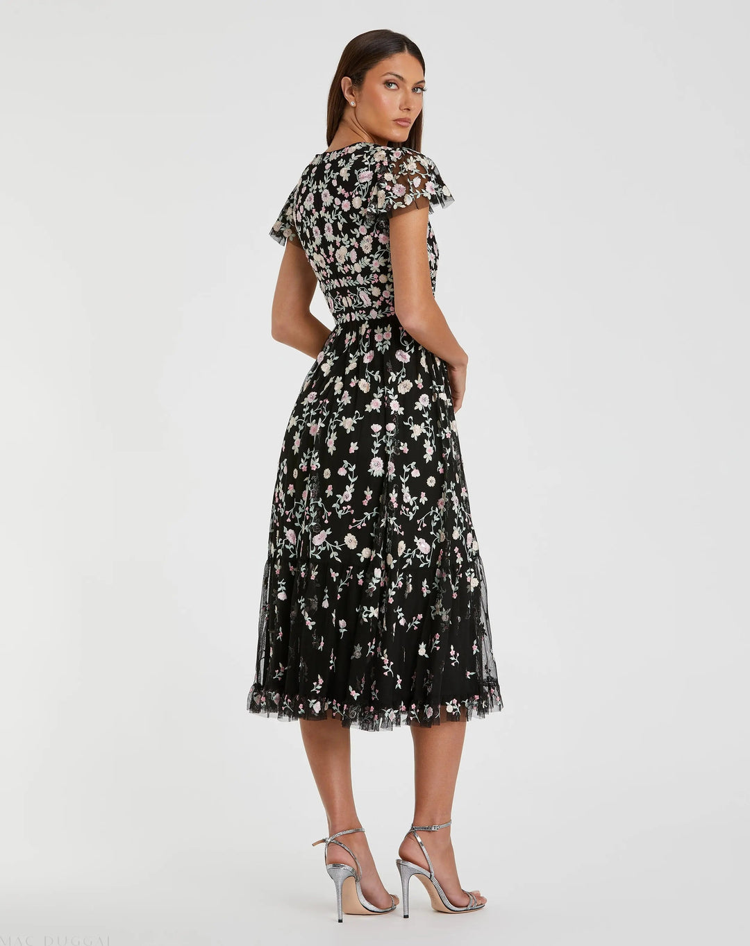 Mac Duggal 35104 Multicolor Embroidered V Neck Cap Sleeve Midi Dress