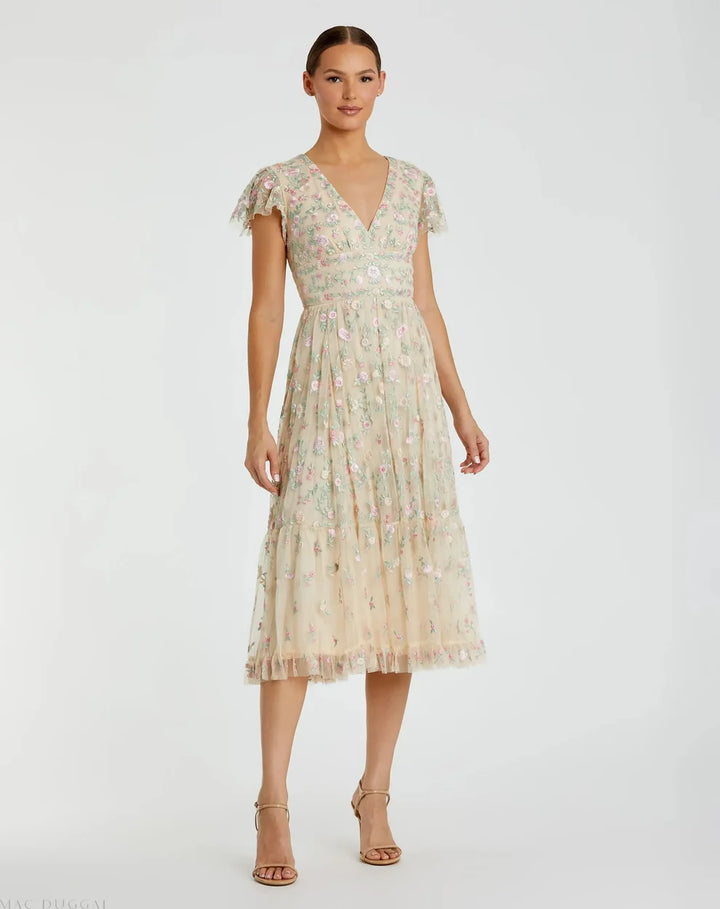 Mac Duggal 35104 Multicolor Embroidered V Neck Cap Sleeve Midi Dress