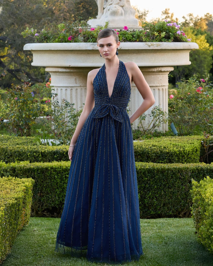 Mac Duggal 37120 Beaded Halter Neck Open Back A-Line Gown