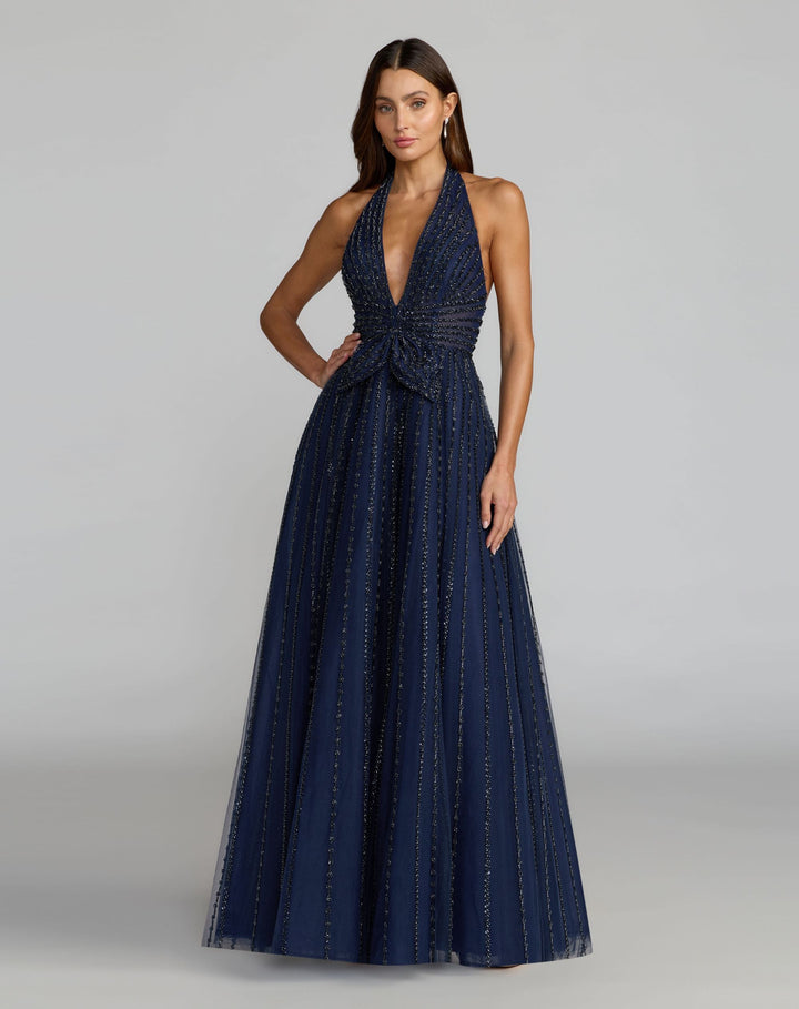 Mac Duggal 37120 Beaded Halter Neck Open Back A-Line Gown