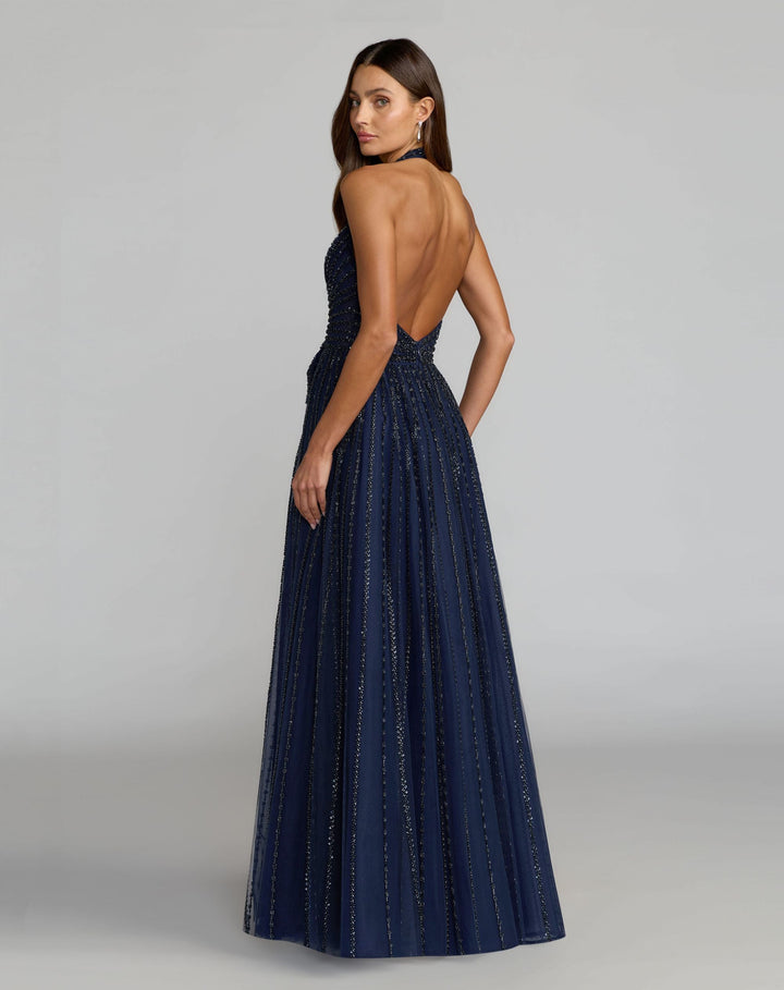 Mac Duggal 37120 Beaded Halter Neck Open Back A-Line Gown