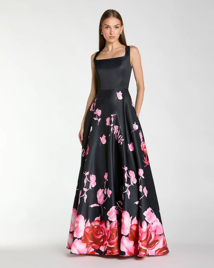 Black Square Neck Floral Print Ball Gown - FOSTANI.com