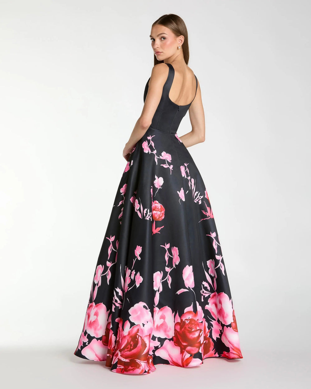 Black Square Neck Floral Print Ball Gown - FOSTANI.com
