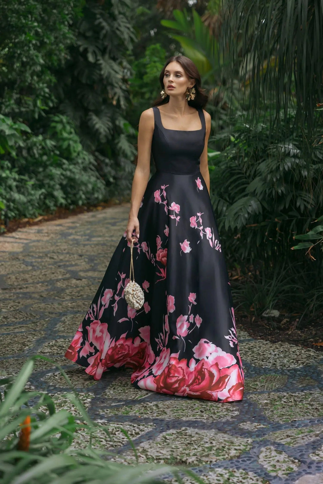 Black Square Neck Floral Print Ball Gown - FOSTANI.com