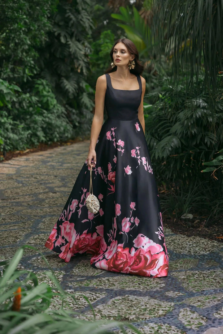 Black Square Neck Floral Print Ball Gown - FOSTANI.com
