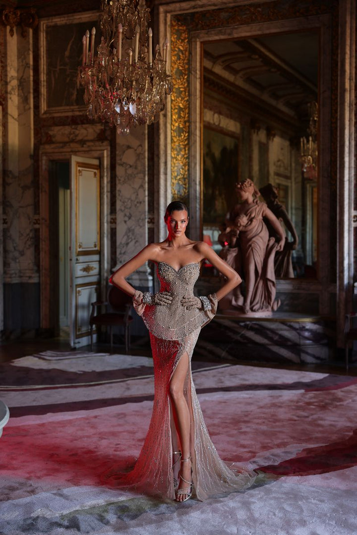 Chic & Holland HF110711 Strapless Slit Peplum Couture Dress