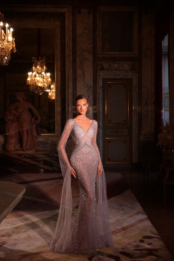Chic & Holland HF110682 Long Sleeve Beaded Couture Dress