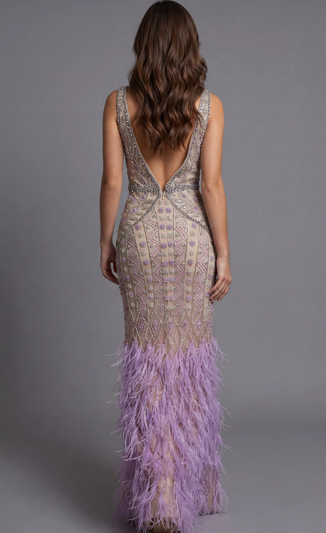 Jovani 40620 Beaded Feather Hem Evening Dress