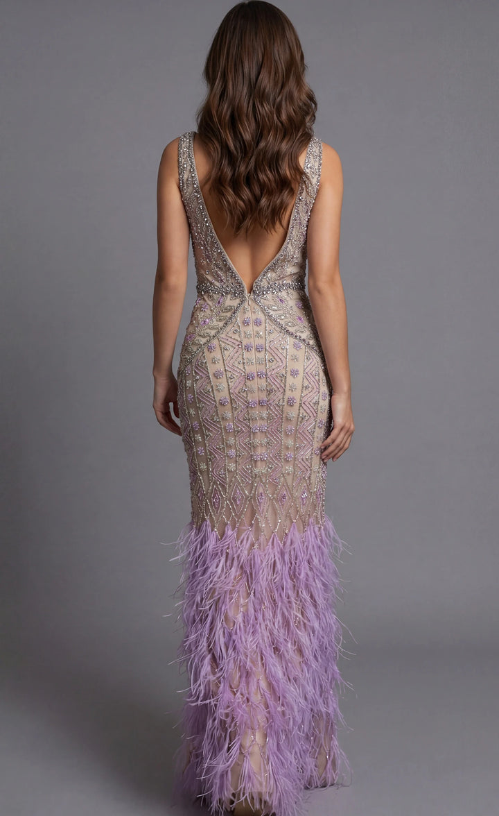 Jovani 40620 Beaded Feather Hem Evening Dress