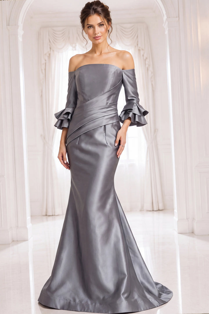 Jovani 41190 Off Shoulder Tiered Ruffle Sleeves Pleated Mother of the Bride Dress