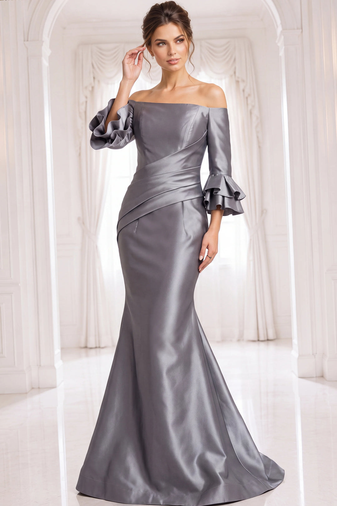 Jovani 41190 Off Shoulder Tiered Ruffle Sleeves Pleated Mother of the Bride Dress