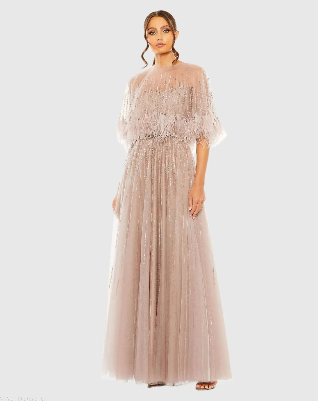 Mac Duggal 42098 Beige Embellished A Line Gown with Feather Detail Cape