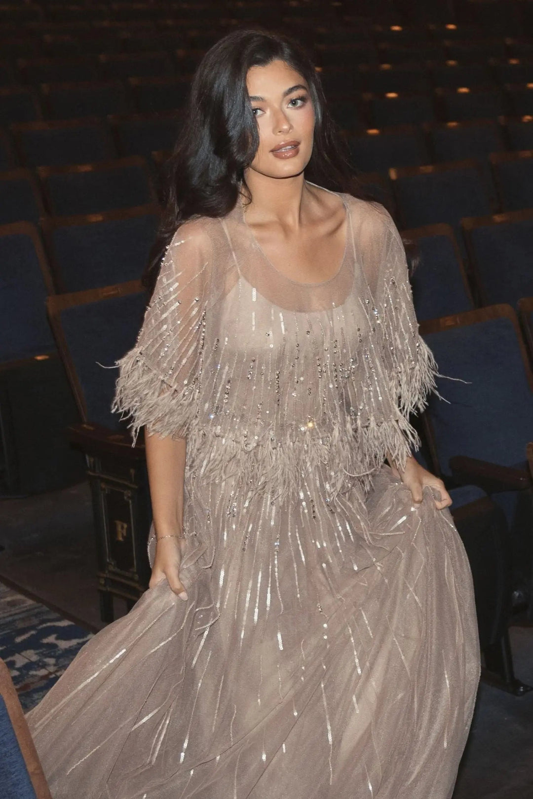 Mac Duggal 42098 Beige Embellished A Line Gown with Feather Detail Cape
