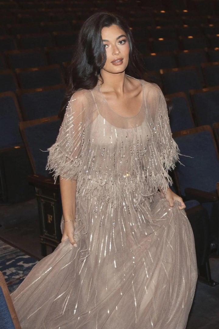 Mac Duggal 42098 Beige Embellished A Line Gown with Feather Detail Cape