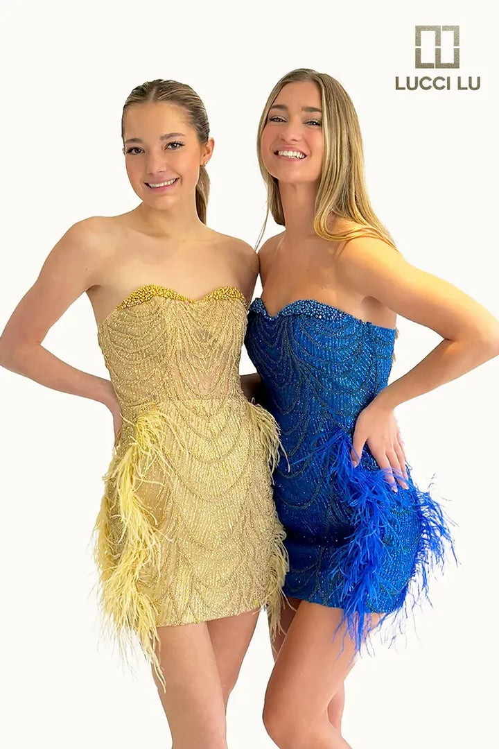 Lucci Lu 4217 Feathered Beaded Homecoming Dress