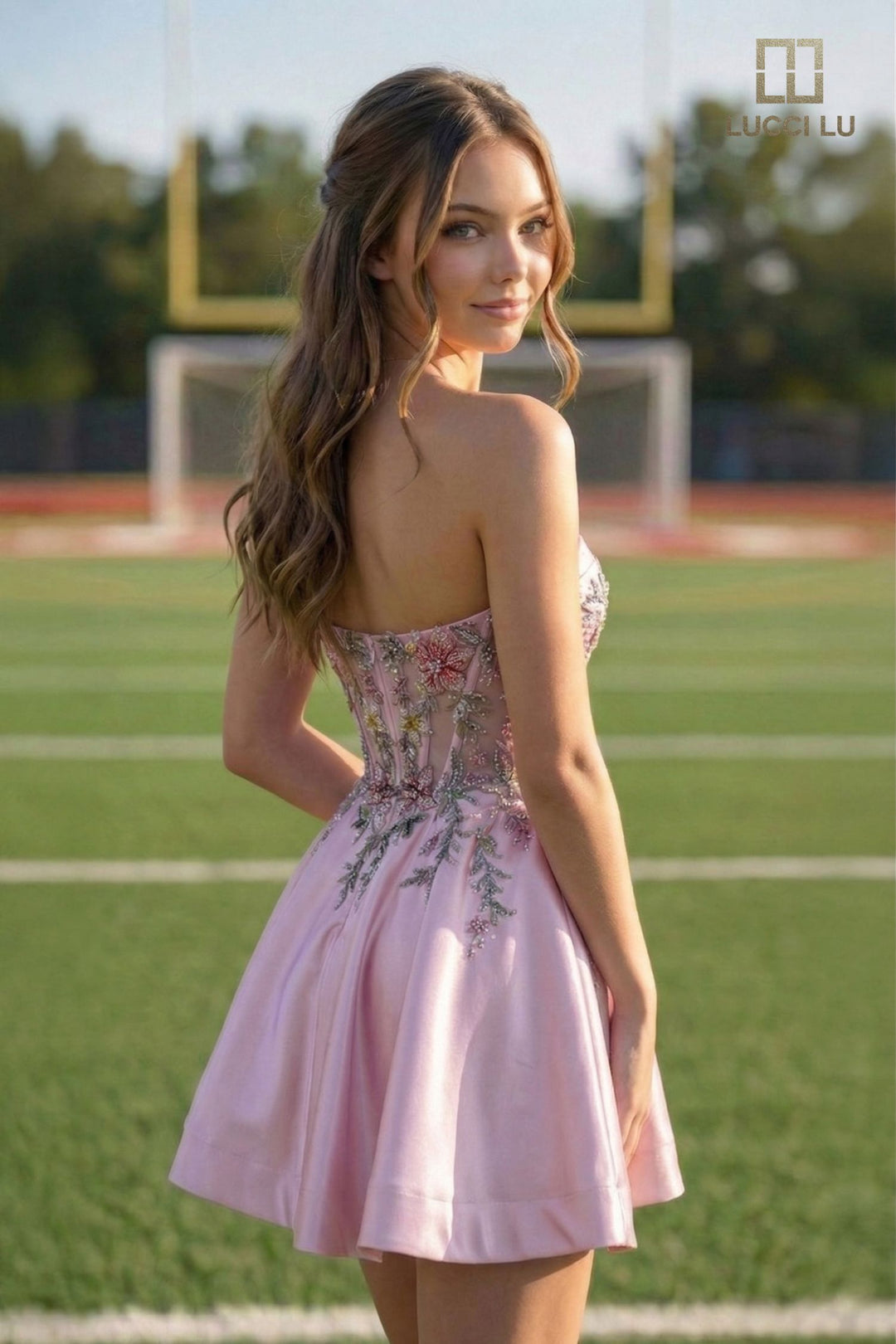 Lucci Lu 4265 Floral Beaded Strapless Homecoming Dress