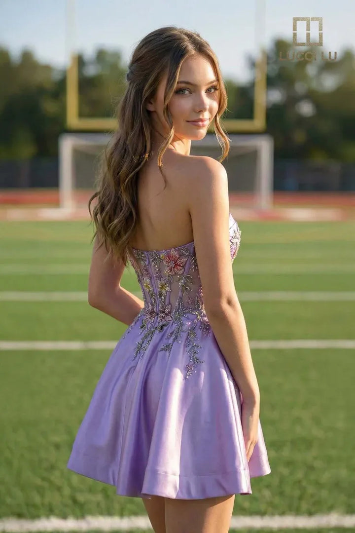 Lucci Lu 4265 Floral Beaded Strapless Homecoming Dress