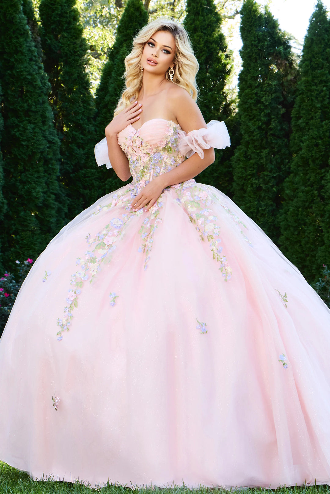 Jovani Q43231 Off The Shoulder Ball Gown with 3D Floral Applique