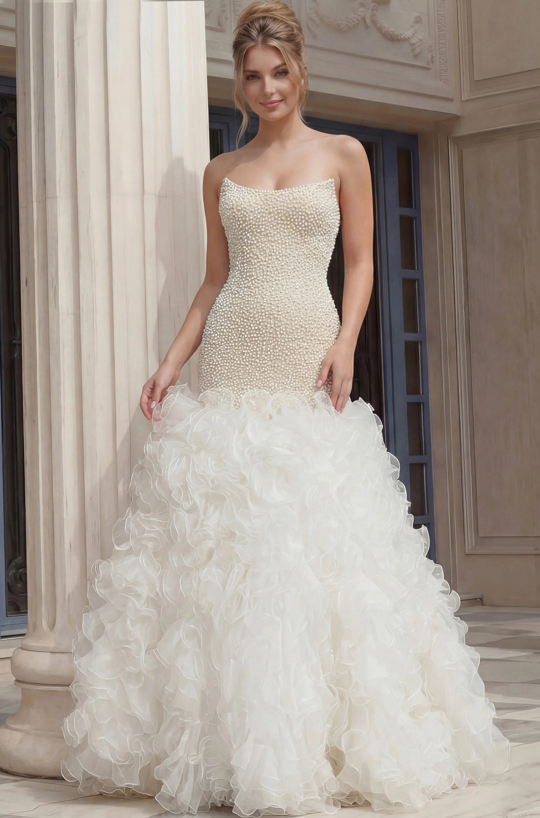 Jovani 45339 Pearl Beaded Strapless Mermaid Bridal dress