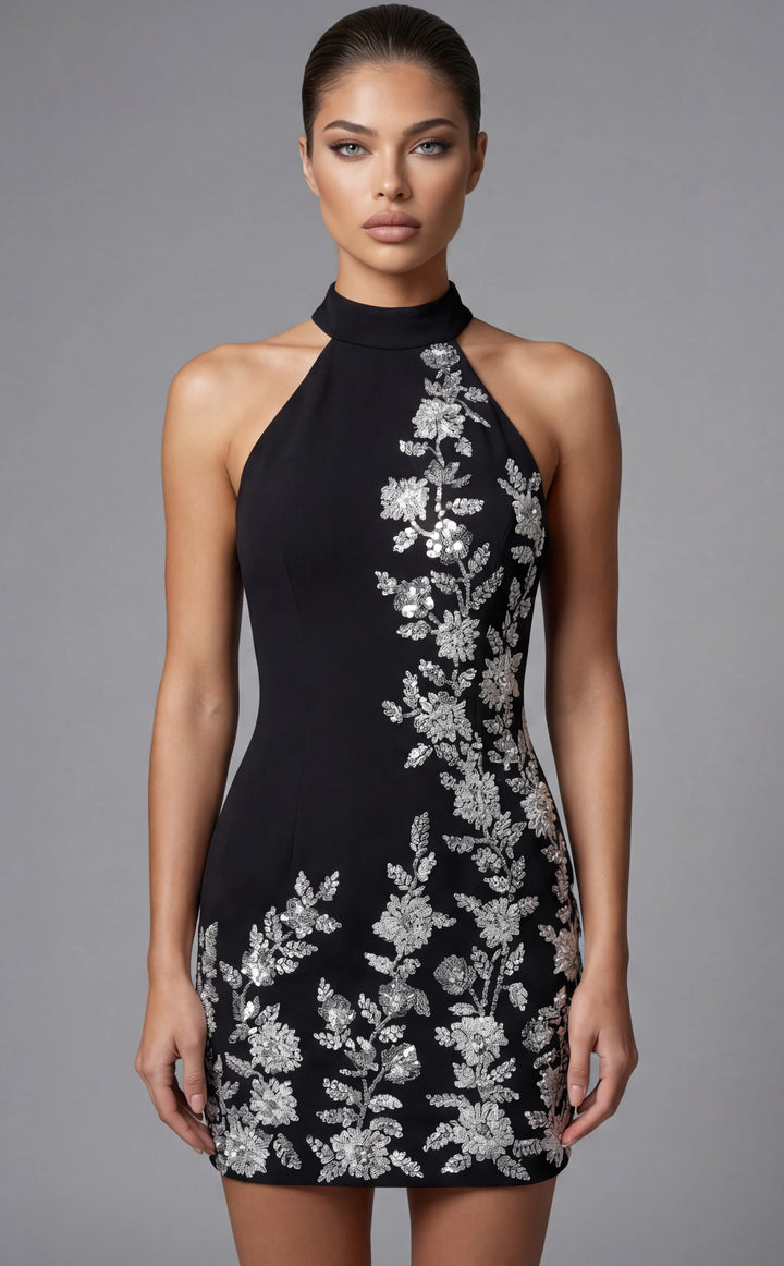 Jovani 46402 Halter Neck Mini Dress With Floral Sequin Applique