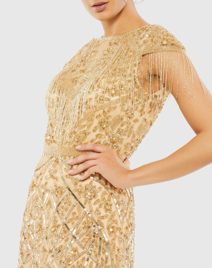 Mac Duggal 4715 Embellished Fringe Cap Sleeve Trumpet Gown