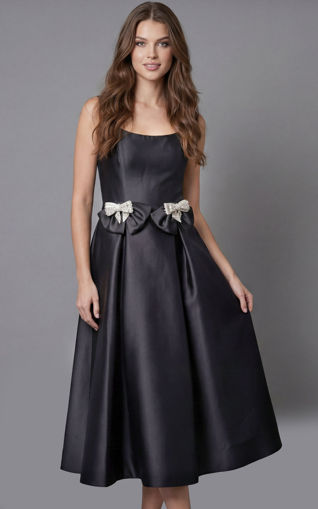 Jovani 47595 Strapless Bow Waist Midi Cocktail Dress