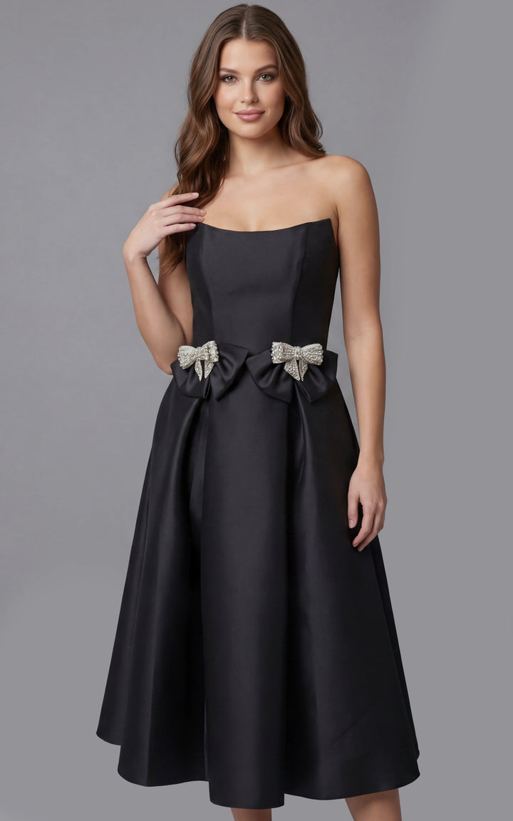 Jovani 47595 Strapless Bow Waist Midi Cocktail Dress