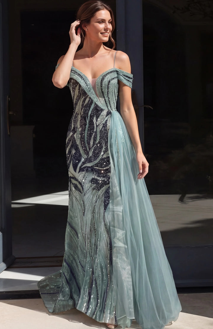 Jovani 48419 Beaded Off Shoulder A Line Tulle Gown - FOSTANI.com